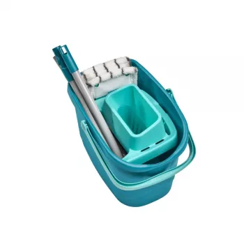 LEIFHEIT Clean & Compact grindų valymo rinkinys su plokščiuoju mopu ir koja valdomu gręžtuvu, 8L kibiras, mikropluošto galvutė, 33cm, balta/mėlyna