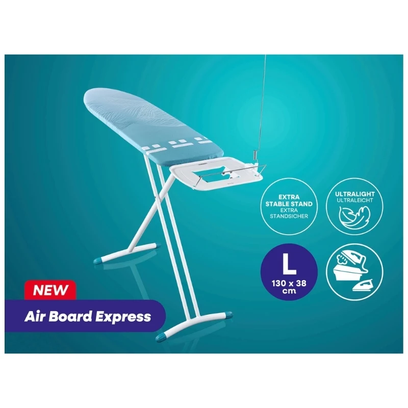 LEIFHEIT Air Board Express L Solid lyginimo lenta 130x38 cm su Thermo-Reflect technologija, reguliuojamas aukštis 75-98 cm, sulankstoma, Shoulder-Fit forma, neslystantys kojelės, lygintuvo laikiklis, laido laikiklis, balta/mėlyna