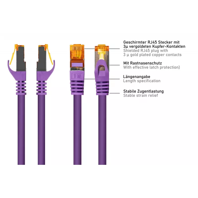 Kabelmeister Cat.7 S/FTP tinklo kabelis, RJ45, TPE apvalkalas, be halogenų, violetinis, 1m