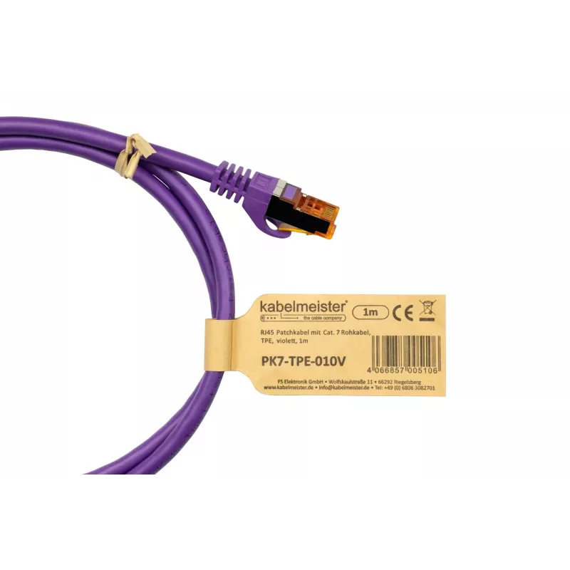 Kabelmeister Cat.7 S/FTP tinklo kabelis, RJ45, TPE apvalkalas, be halogenų, violetinis, 1m