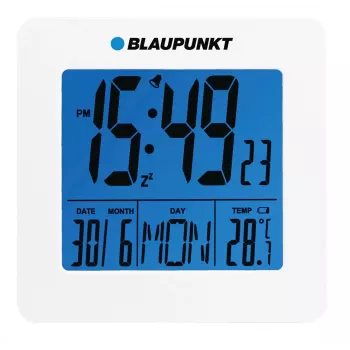 Blaupunkt CL02WH baltas LED žadintuvas su FM radiju, dvigubu žadintuvu, USB įkrovimu, temperatūros rodymu