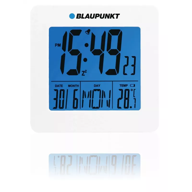 Blaupunkt CL02WH baltas LED žadintuvas su FM radiju, dvigubu žadintuvu, USB įkrovimu, temperatūros rodymu