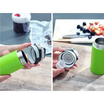 LEIFHEIT Thermo Mug Flip 350ml žalia - Dviejų sienelių vakuuminė izoliuota kelioninė puodelis, nepralaidus, 360° gėrimas
