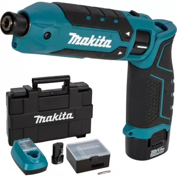 Makita TD023DSE 7.2V Li-ion akumuliatorinis kampinis smūginis suktuvas su 2 baterijomis, įkrovikliu ir dėklu