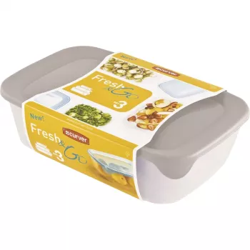 Curver Fresh & Go maisto laikymo indų rinkinys, 3 stačiakampiai indai, 2L + 1L + 0,5L, permatomi su spalvotais sandariais dangčiais