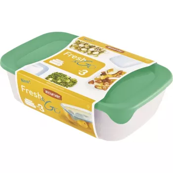 Curver Fresh & Go maisto laikymo indų rinkinys, 3 stačiakampiai indai, 2L + 1L + 0,5L, permatomi su spalvotais sandariais dangčiais