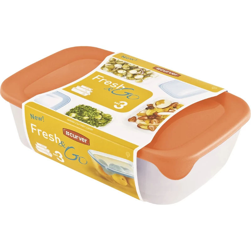 Curver Fresh & Go maisto laikymo indų rinkinys, 3 stačiakampiai indai, 2L + 1L + 0,5L, permatomi su spalvotais sandariais dangčiais