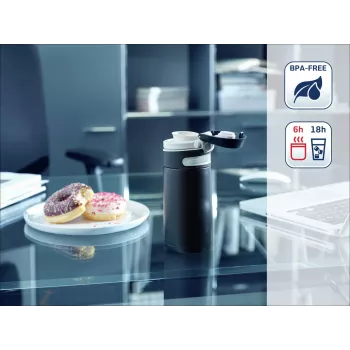 LEIFHEIT Thermo Mug Flip 350 ml juoda vakuuminė termo kelioninė stiklinė su atidengiamu dangteliu