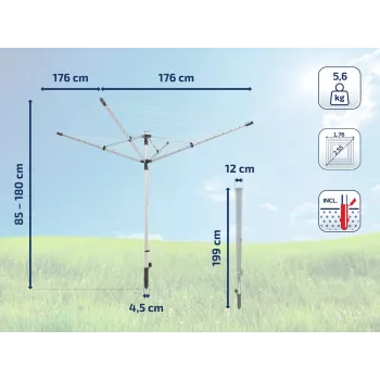 LEIFHEIT LinoLift 500 rotacinė skalbinių džiovykla, 50 m virvė, aliuminio rėmas, reguliuojamas aukštis 106-179 cm, UV atsparios virvės, komplekte įleidžiama mova