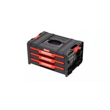 QBRICK SYSTEM PRO DRAWER 3 Toolbox 2.0 Basic modulinė laikymo dėžė su 3 negiliais stalčiais, juoda/raudona, metaliniai kreiptuvai, 15 kg bendra apkrova