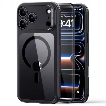 ESR Classic Hybrid MagSafe ir grūdinto stiklo dėklas iPhone 17 Pro Max / 18 Pro Max - permatomas su juodu rėmeliu
