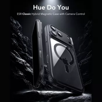 ESR Classic Hybrid MagSafe ir grūdinto stiklo dėklas iPhone 17 Pro Max / 18 Pro Max - permatomas su juodu rėmeliu
