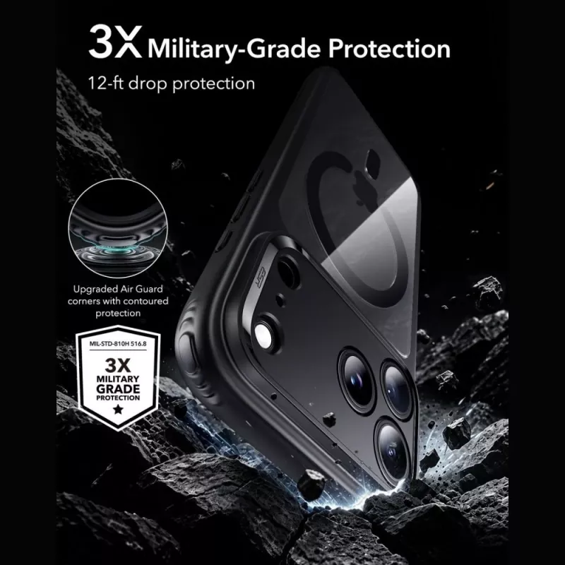ESR Classic Hybrid MagSafe ir grūdinto stiklo dėklas iPhone 17 Pro Max / 18 Pro Max - permatomas su juodu rėmeliu