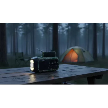 Blaupunkt ER20GC avarinis radijas, žalias kamufliažas, su saulės baterija, rankiniu generatoriumi, USB-C, NOAA orų dažniu, LED žibintuvėliu, power bank funkcija