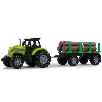 LEAN TOYS žalias traktorius su priekaba rąstams ir garso efektais