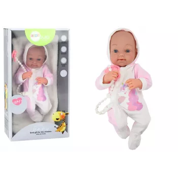 LEAN TOYS lėlė kūdikis su čiulptuku, vienaragio kostiumėliu, rožine antklodėle ir aksesuarais, 35 cm