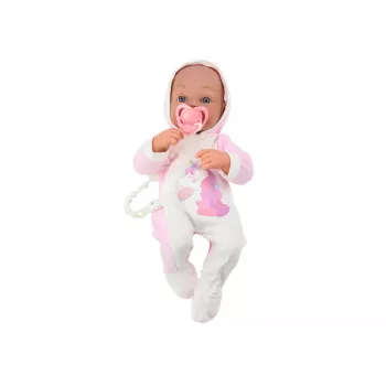 LEAN TOYS lėlė kūdikis su čiulptuku, vienaragio kostiumėliu, rožine antklodėle ir aksesuarais, 35 cm