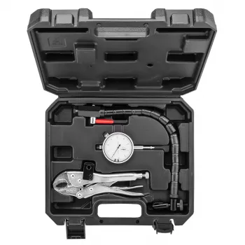 NEO TOOLS TOP-11-130 Stabdžių disko radialinio mušimo matuoklio rinkinys su 0,01 mm ciferblatiniu indikatoriumi, 60 kg magnetiniu pagrindu, lanksčia svirtimi