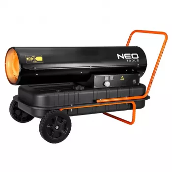 NEO TOOLS 50kW alyvos šildytuvas su 50L bakeliu ir ratukais, 44 kW, 150 000 BTU/val., dyzelinas/žibalas/šildymo alyva, IP41, plieninis korpusas