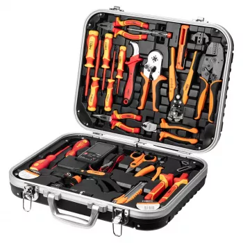 NEO TOOLS 25 dalių elektriko įrankių rinkinys, VDE izoliuoti rankiniai įrankiai su įtampos testeriu, vielos nuėmėju, replėmis, atsuktuvais ir priedais patvariame plastikiniame lagamine