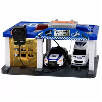 LEAN TOYS Policijos nuovados garažas su 2 automobiliais, sraigtasparniu, racija, šviesomis ir garsais | 31588