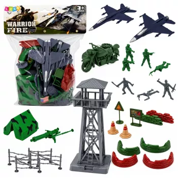 LEAN TOYS Military Set kareivių figūrėlės, karinės transporto priemonės, bokštas su priedais, 72 vnt.