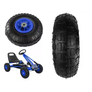 LEAN TOYS Gokart Wheel A15 Blue - 280 mm pneumatinis atsarginis ratas su 12 mm ašies skyle, visureigis protektorius, rutuliniai guoliai, Schrader vožtuvas, kamera komplekte