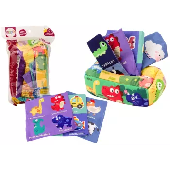LEAN TOYS minkšta servetėlių dėžutė su 6 audiniais ir 3 šlamančiomis spalvotomis servetėlėmis