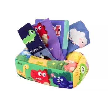 LEAN TOYS minkšta servetėlių dėžutė su 6 audiniais ir 3 šlamančiomis spalvotomis servetėlėmis