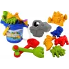 LEAN TOYS smėlio kibiro rinkinys su dušu, mentele, grėbliu, formelėmis ir dinozaurais