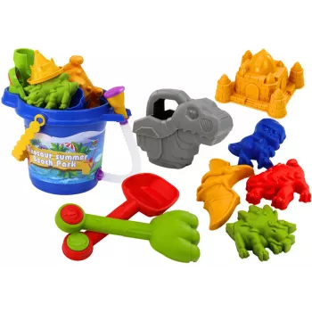 LEAN TOYS smėlio kibiro rinkinys su dušu, mentele, grėbliu, formelėmis ir dinozaurais