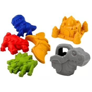 LEAN TOYS smėlio kibiro rinkinys su dušu, mentele, grėbliu, formelėmis ir dinozaurais