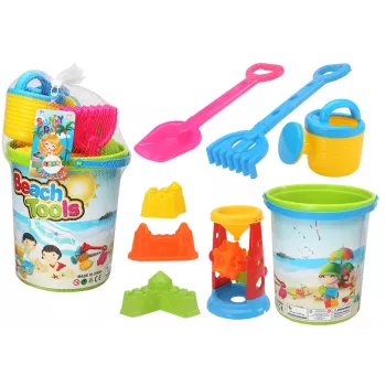 LEAN TOYS smėlio žaislų rinkinys su kibiru, smėlio malūnėliu, laistytuvu ir spalvotomis formelėmis