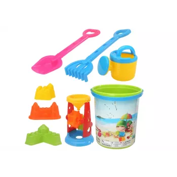 LEAN TOYS smėlio žaislų rinkinys su kibiru, smėlio malūnėliu, laistytuvu ir spalvotomis formelėmis