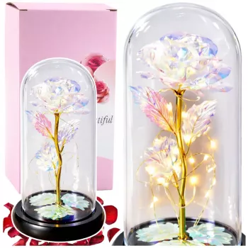 LEAN Amžinoji rožė stiklo kristaliniame kupole su spalvotu LED apšvietimu, 21x11cm
