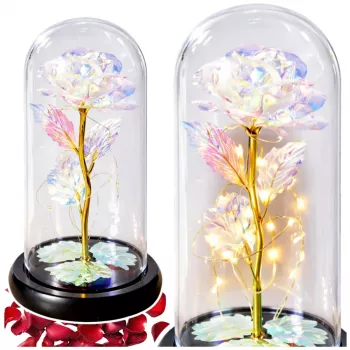 LEAN Amžinoji rožė stiklo kristaliniame kupole su spalvotu LED apšvietimu, 21x11cm