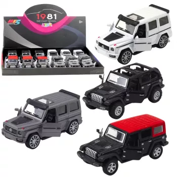 LEAN TOYS Off-road SUV automobilis, metalinis, pull-back pavara, atidaromos durys, mišrios spalvos