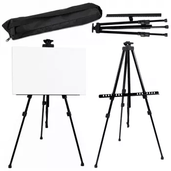 LEAN metalinis lauko tapybos molbertas, trikojis, reguliuojamas, juodas dėklas, 158 cm