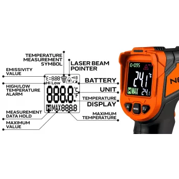 NEO TOOLS 75-276 pirometras, bekontaktis infraraudonųjų spindulių termometras su dvigubu lazeriniu taikymu, -50°C iki 880°C, 12:1 D:S, reguliuojamas spinduliavimo koeficientas, apšviestas LCD