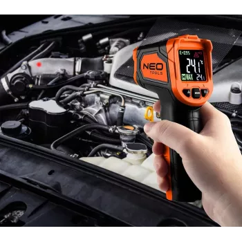 NEO TOOLS 75-276 pirometras, bekontaktis infraraudonųjų spindulių termometras su dvigubu lazeriniu taikymu, -50°C iki 880°C, 12:1 D:S, reguliuojamas spinduliavimo koeficientas, apšviestas LCD