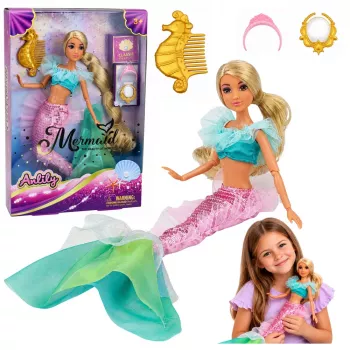 LEAN TOYS Anlily undinėlės lėlė su reversinėmis blizgučių uodega, veidrodėliu ir šukomis