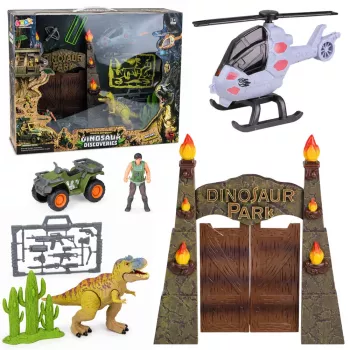 LEAN TOYS Tyrėjų bazė dinozaurų parko vartai, sraigtasparnis, keturratis, figūrėlės, tyrinėtojas