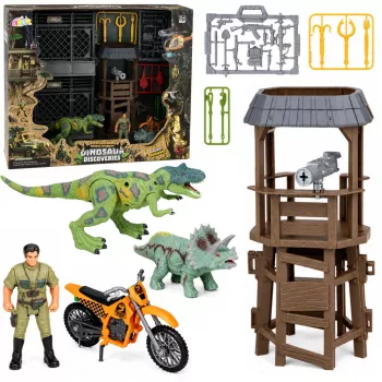 LEAN TOYS Dinozaurų tyrimų bazės rinkinys su dinozaurų figūrėlėmis, bokštu, narvu ir aksesuarais