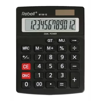REBELL RE-8118-12 BX pusiau stalinis skaičiuotuvas, 12 skaitmenų pasviręs LCD, dvigubas maitinimas saulės baterija ir baterija, juodas