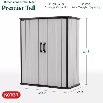 Keter Premier Tall sodo spintelė 29209552 – smėlio/rudos spalvos dervos sandėliukas, 1700L, dvigubų sienelių, užrakinama