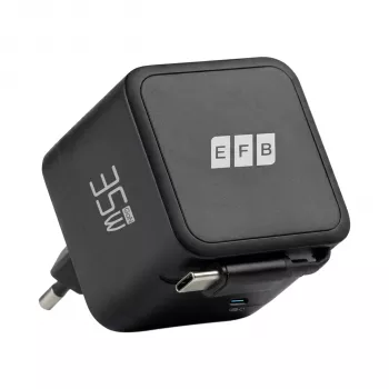 EFB Elektronik G352CE 35W GaN USB-C sieninis įkroviklis su įtraukiamu 0,7 m kabeliu, PD3.0 ir QC3.0, juodas