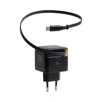 EFB Elektronik G352CE 35W GaN USB-C sieninis įkroviklis su įtraukiamu 0,7 m kabeliu, PD3.0 ir QC3.0, juodas
