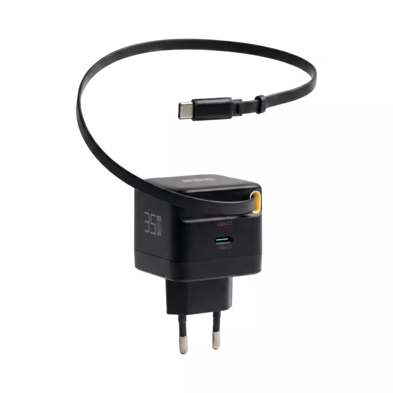 EFB Elektronik G352CE 35W GaN USB-C sieninis įkroviklis su įtraukiamu 0,7 m kabeliu, PD3.0 ir QC3.0, juodas