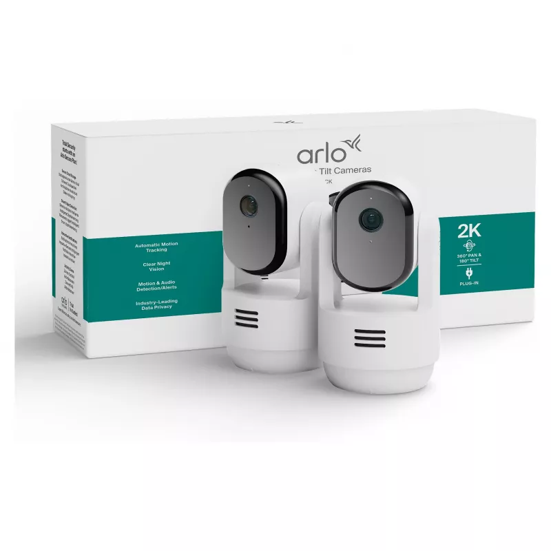 Arlo Essential 3 2K kameros su panorama ir pakreipimu vidaus stebėjimui (2 vnt., baltos)