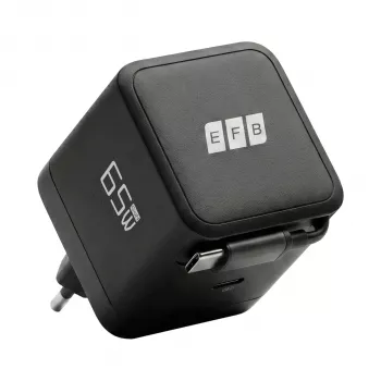 EFB Elektronik G652CE 65W GaN USB-C PD 3.0 sieninis įkroviklis su įtraukiamu kabeliu, juodas